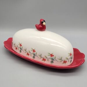 Vintage Pfaltzgraff Winterberry Butter Dish with Cardinal Finial - Christmas